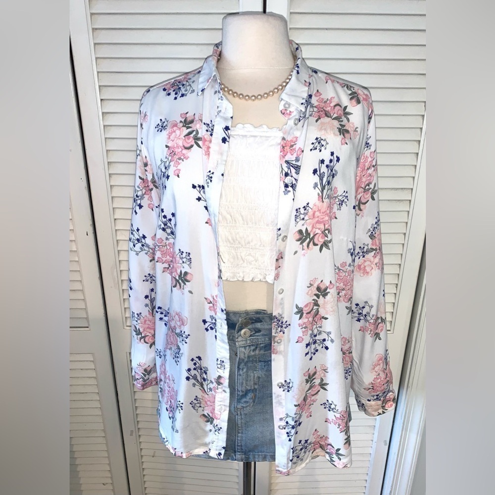 H&M White button down floral print long sleeve shirt Women’s Size 14 - Picture 1 of 11